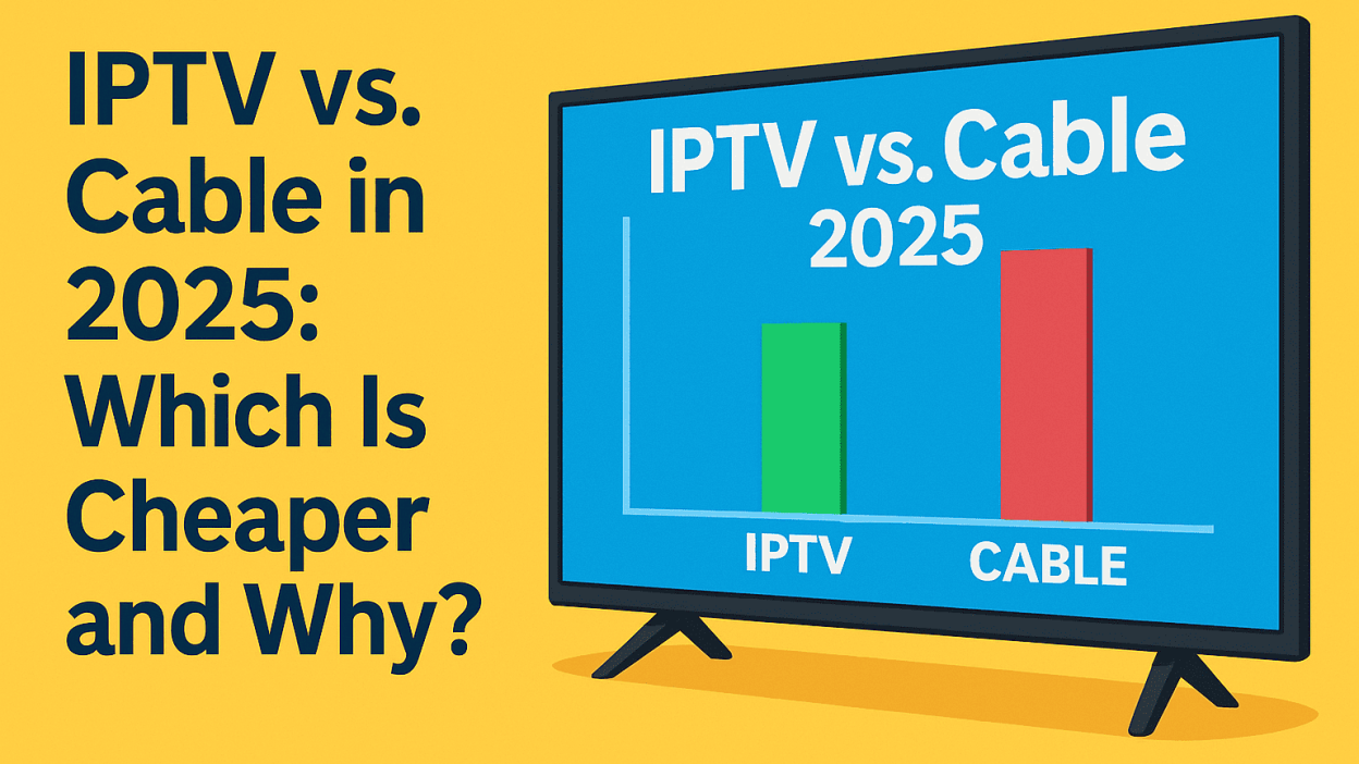 Balkendiagramm zum Vergleich der monatlichen Abonnementkosten im Jahr 2025: IPTV (grüner Balken) vs. Kabelfernsehen (roter Balken) auf einem Flachbildfernseher.