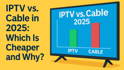 Bar chart comparing 2025 monthly subscription costs: IPTV (green bar) vs. cable TV (red bar) on a flat-screen TV.